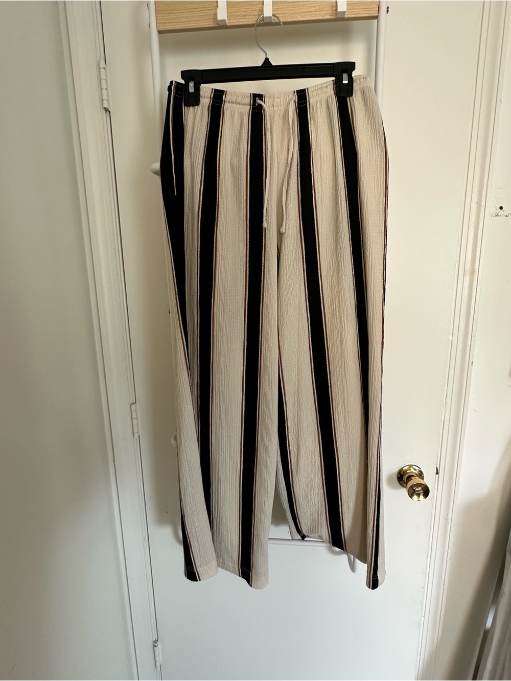 Casual Cream and Black Striped Women Drawstring Pants